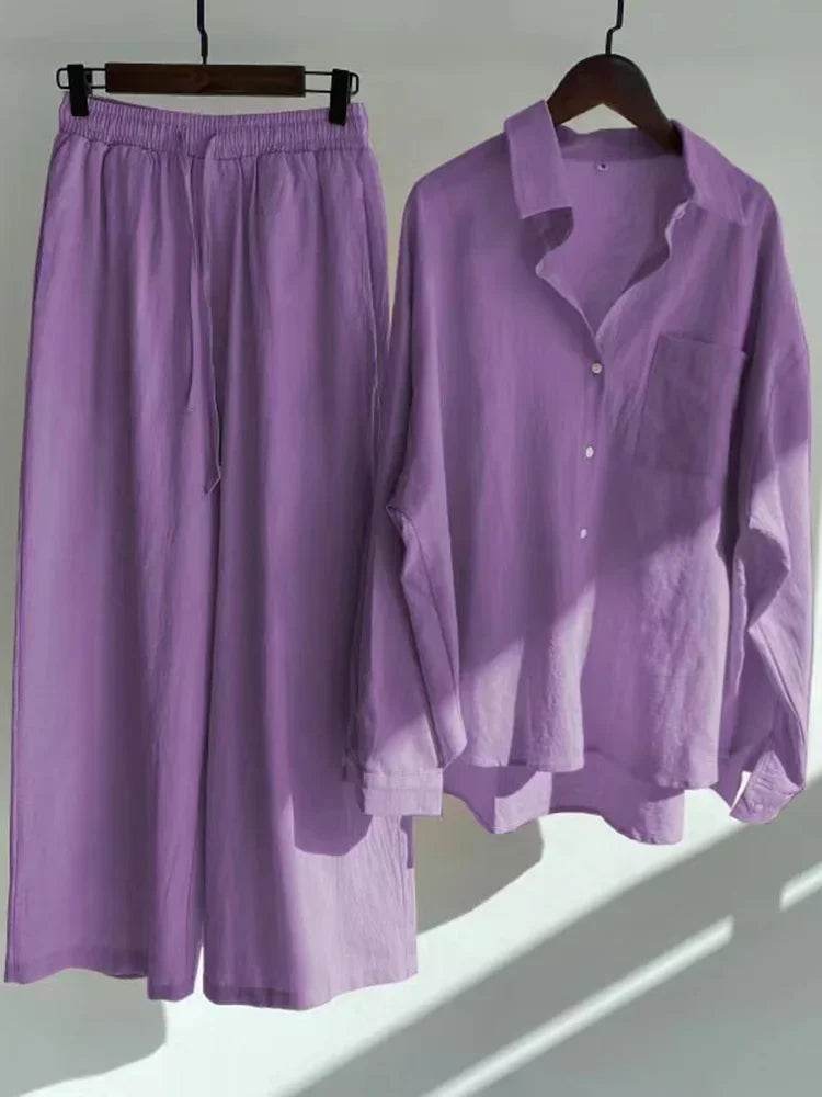 Pants Set Women Shirts Wide Leg Elastic Waist Cotton Linen Casual Sets Elegant Loose Long Sleeve Lapel Spring Shirt Y2k Suit - AIAZ