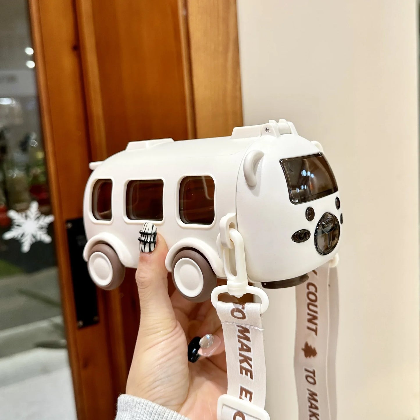 Baby Cute Panda Bus Portable Water Bottle with Shoulder Strap Kid Car Straw Water Cup Children's Water Bottle Drinking Cup