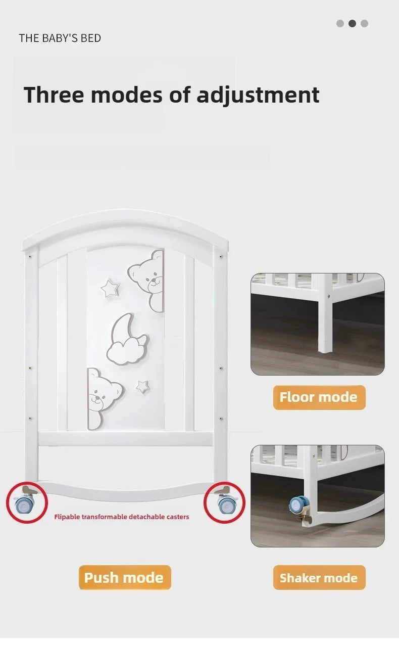 2025New Solid Wood Baby Crib Movable Splicing Bed Multifunctional Baby Rocking Bed Adjustable Guardrail Height with Mosquito Net