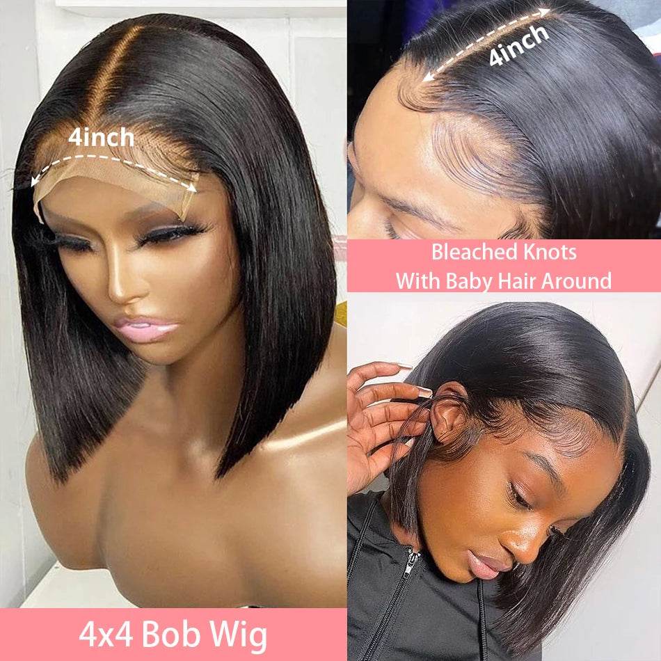 13x4 Straight Lace Frontal Bob Wig Human Hair Transparent 100% Human Hair 4x4 Lace Closure For Women Brazilian Wig 12 14 16 Inch - AIAZ