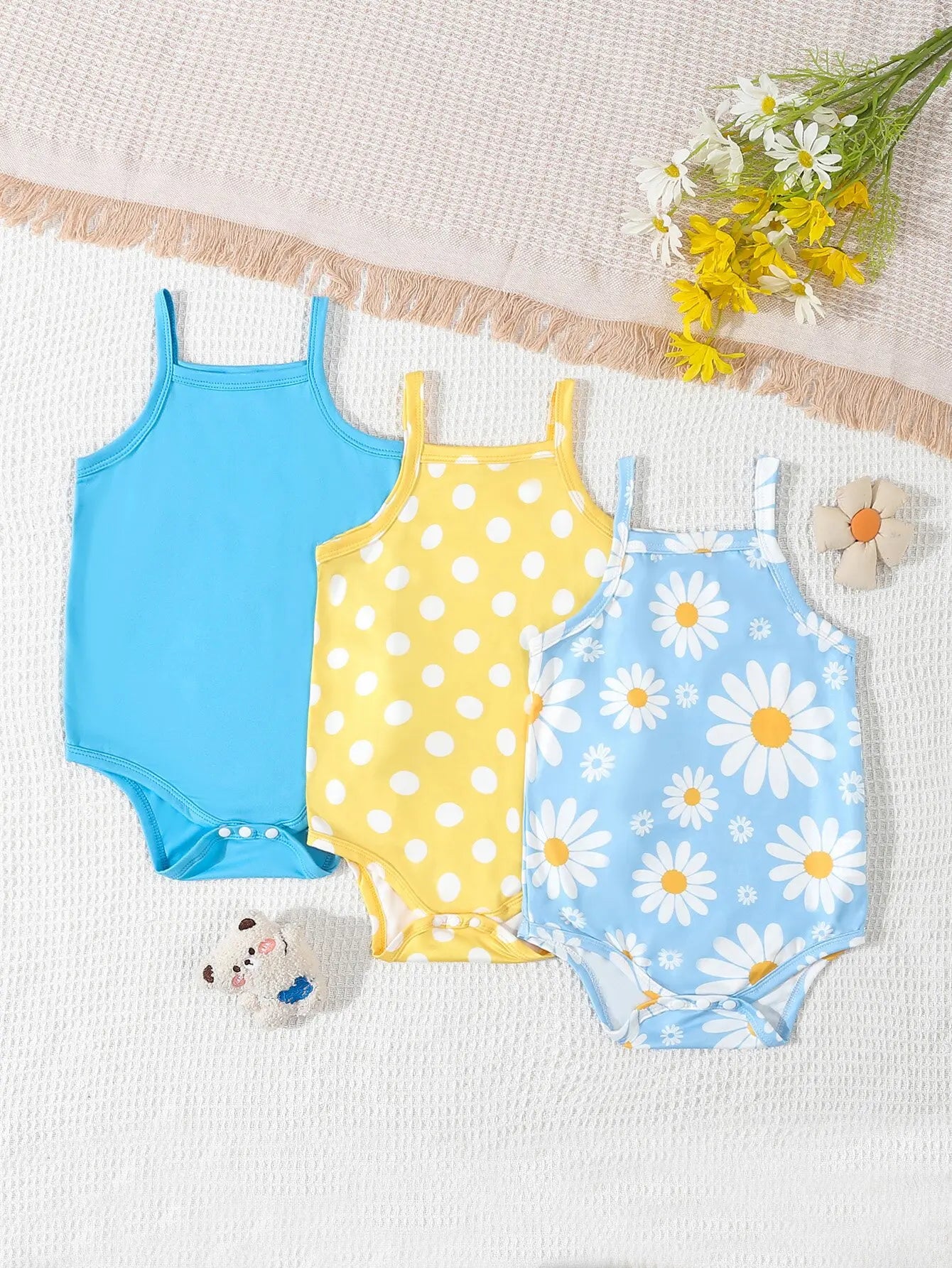 3Pairs/Lot Summer Baby Girl Newborn Baby Sling Onesie 3 Pieces Cute Polka Dot Flower Pattern Cool Breathable Comfortable Onesie