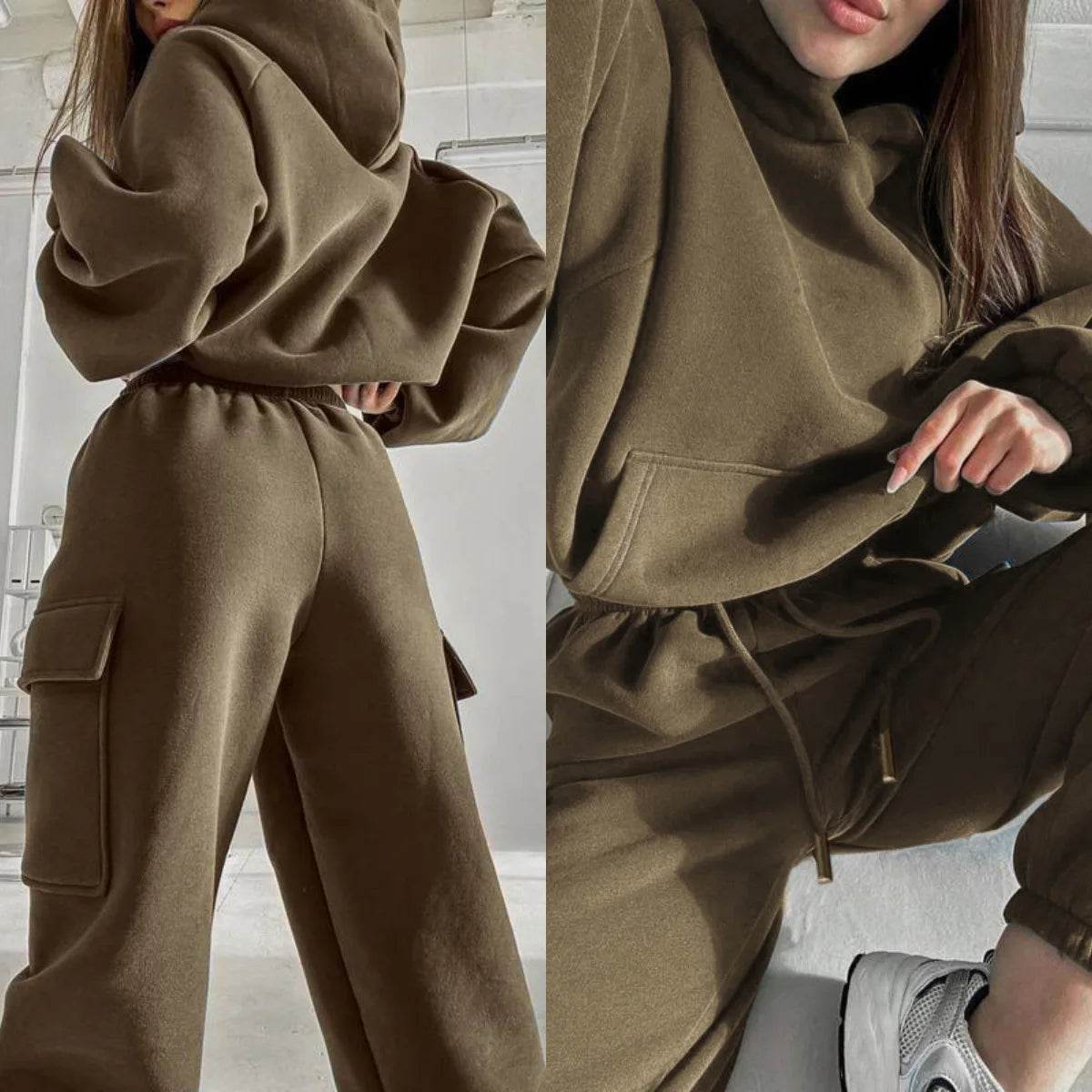 Hoodies Suit Winter Autumn Solid Casual Tracksuit Women Fleece 2 Pieces Set Sports Sweatshirts Pullover Jogger Sweatpants Outfit - AIAZ