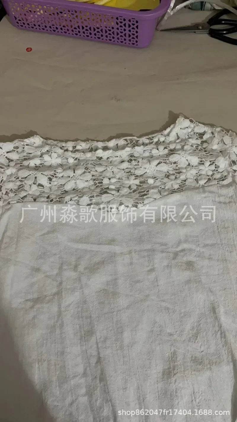 Womens Dress New Fashion Solid Color Cotton Lace Round Neck 5/4 Sleeve Dresses for Women - AIAZ