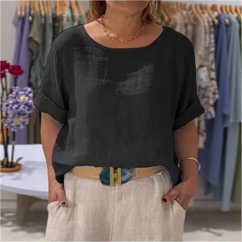 Women's Shirt Summer Fall New Solid Top Fashion Mid-sleeve O-neck Cotton Linen Button-up Casual Loose Shirts For Women Clothing - AIAZ