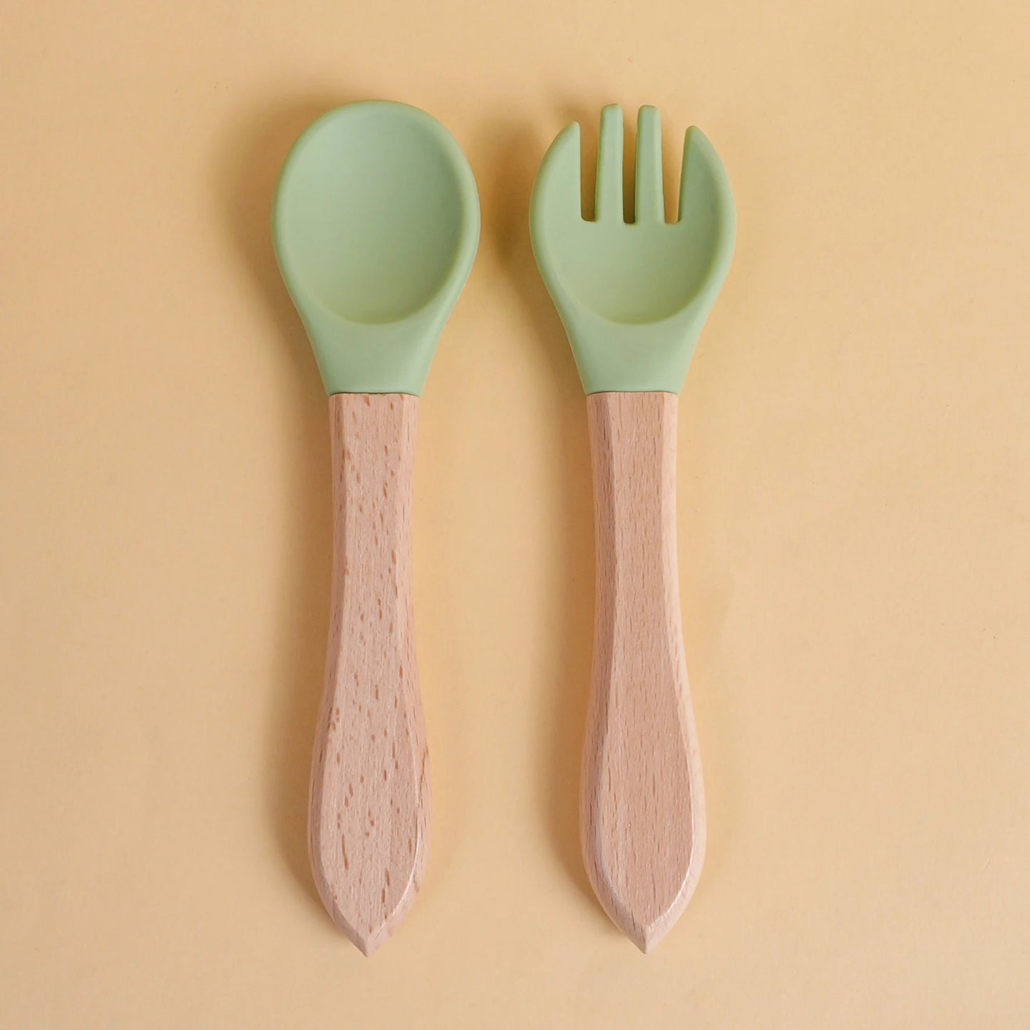 2pcs/set Tableware Baby Spoon Fork Set Children's Silicone Wooden Feeding Training Baby Dinnerware Cutlery Baby Feeding Supplies