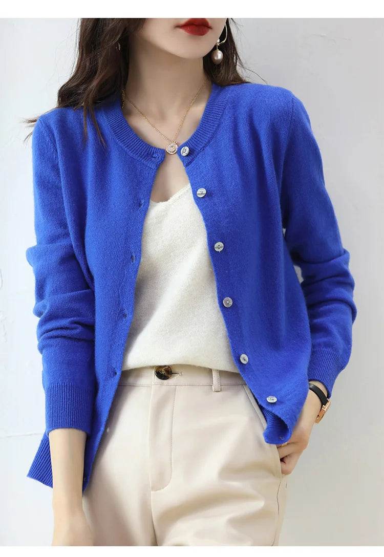 Knitted Cardigan Women's Sweater Autumn And Winter 2022 New Solid Color Coat Round Neck Short Long Sleeve Loose Korean Fashion - AIAZ