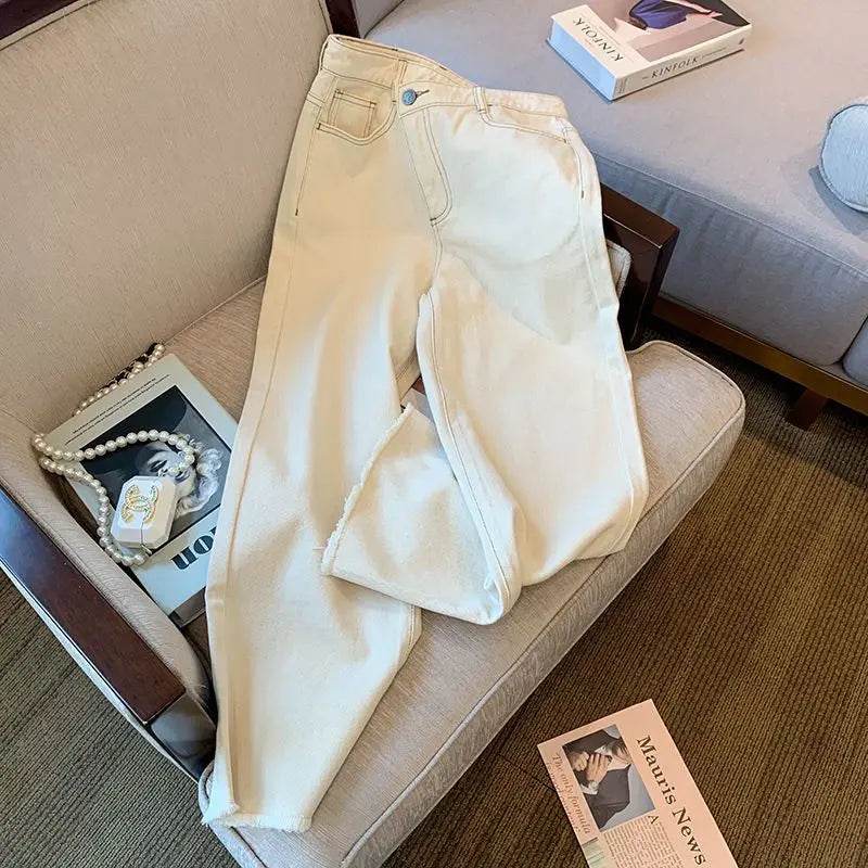 White Jeans For Women Spring High Waist Fashion Flower Design Straight Denim Pants Chic Loose Wide Leg Casual Trousers - AIAZ