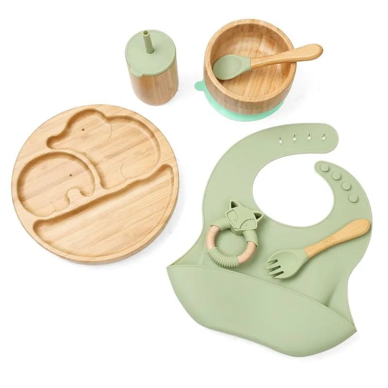 Wooden Dinner Plate Feeding Supplies Bamboo Baby Tableware Silicone Suction Plate Bowl BPA Free Baby Stuff Newborn Accessories