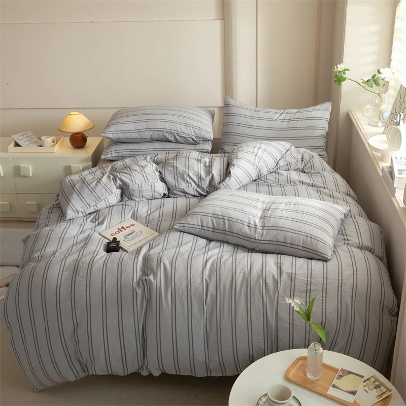 Striped Duvet Cover Set Queen 100% Washed Cotton Bedding Set, Luxury Soft Pink Vertical Ticking Stripes Comforter Cover, (3pcs)