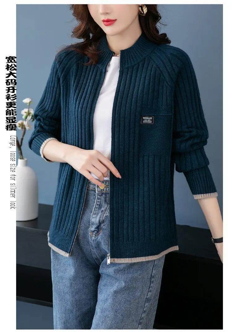 Knitted Cardigan Women's Coat 2025 Autumn Winter New Long sleeved Casual Zipper Sweaters Outwear Female Short Knitt Jacket - AIAZ