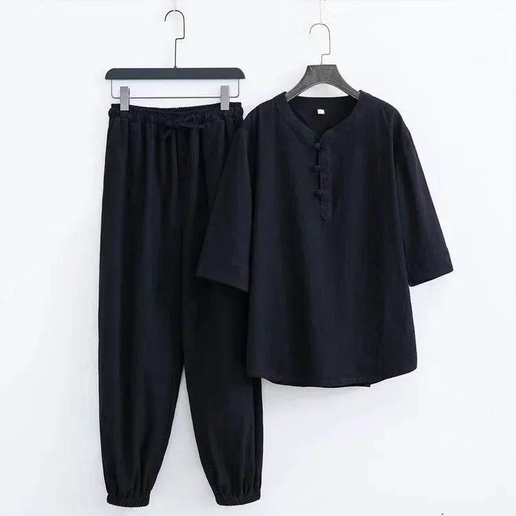 New Men's Cotton Linen Sets Chinese Style Solid Short Sleeve Pants Two Pieces Traditional Clothes Kung Fu Uniform Tang Suit Male - AIAZ