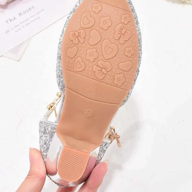 Heeled Dancing Shoes Due To Gold for Girls Glitter Shoes Heels Girls Princess Flowergirl Dresses Golden Girl Child Shoe for Wed
