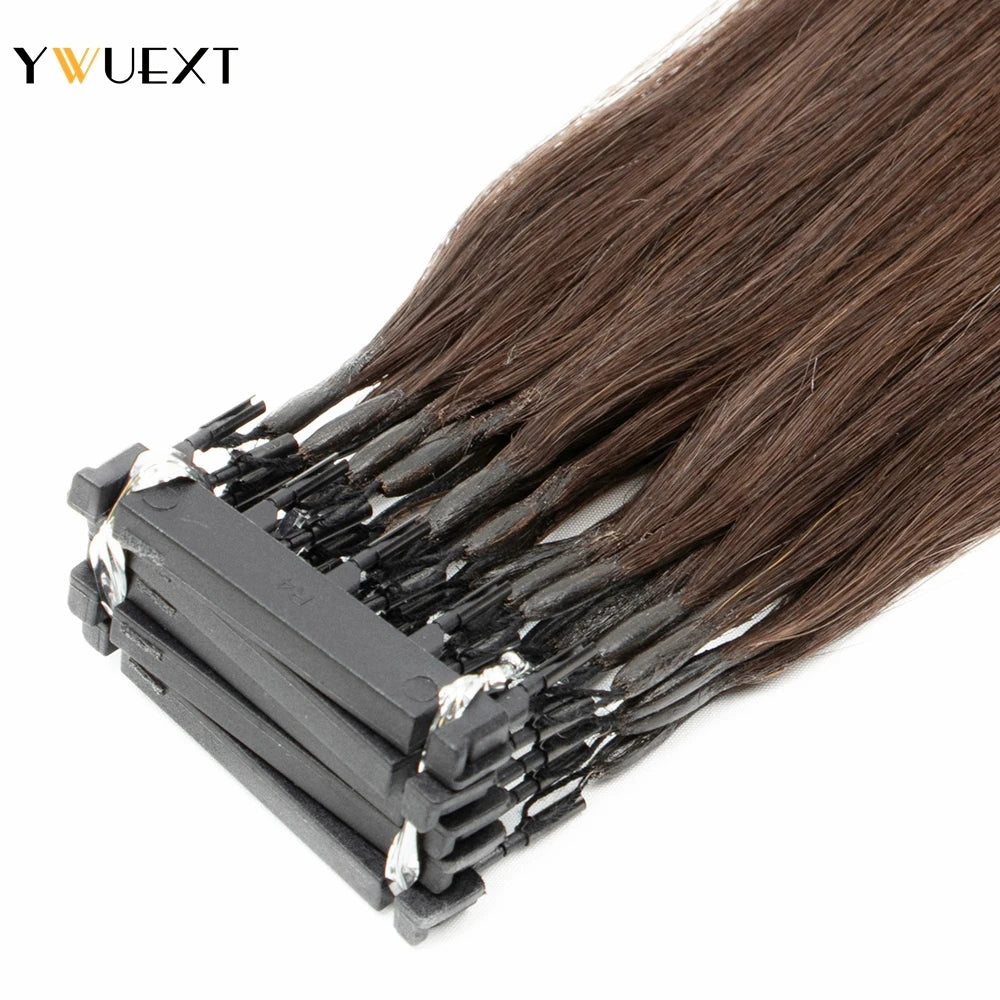YWUEXT Dark Brown 2# 6D Hair Extensions Straight 16"-24" Machine Remy Human Hair Micro Rings 5 pins 6D 2 Hair