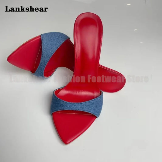Demin Pointy Toe Stiletto Mules Slippers Sexy Patchwork Red Inside Sandals Elegant Women Shoes Summer Sandalias De Mujer Verano