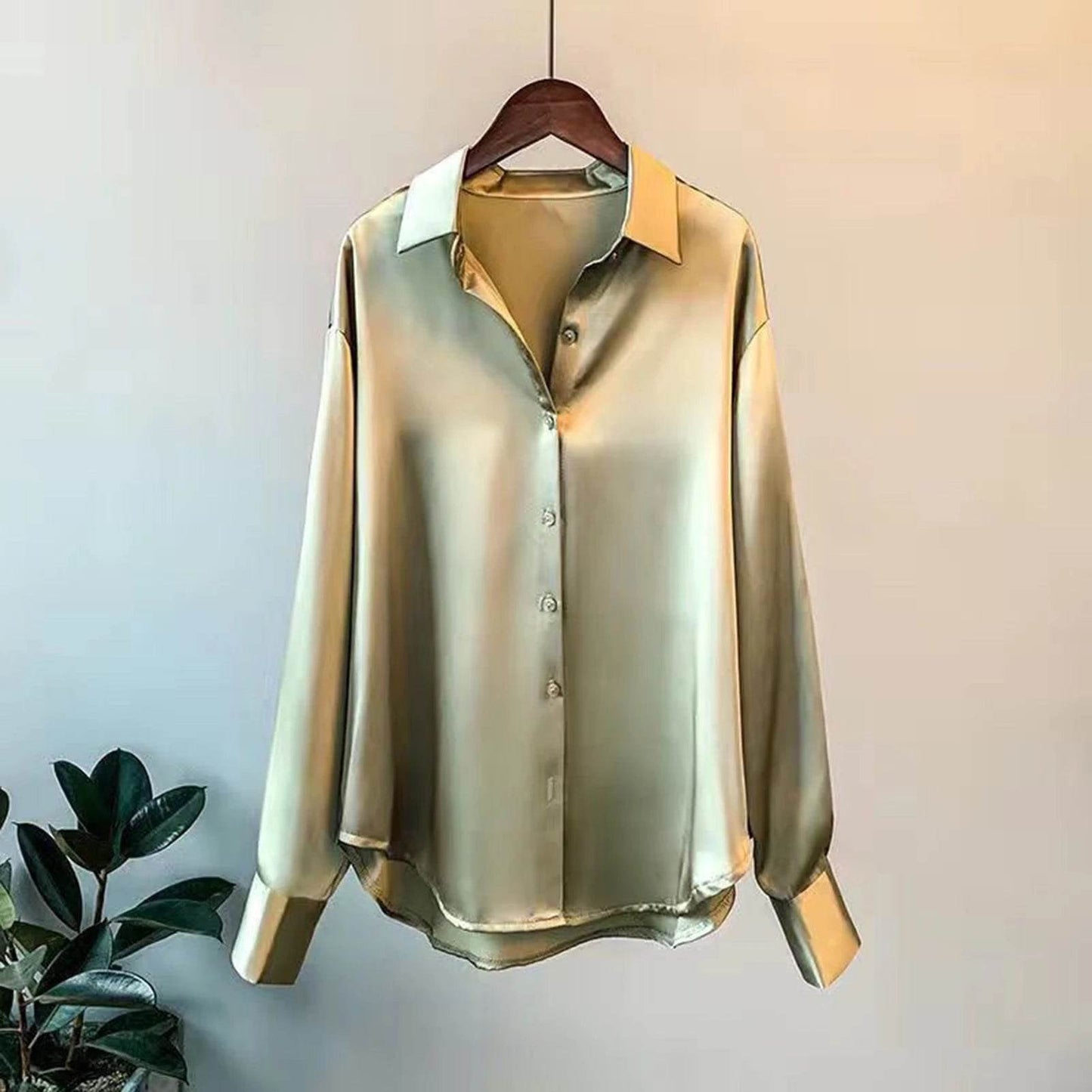 Soft Business Shirt Elegant Silky Satin Women's Spring Fall Blouse with Turn-down Collar Long Sleeve Single-breasted for Formal - AIAZ