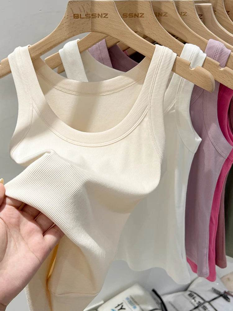 Women Solid Round Neck Ribbed Tank Top Camisole Women 2025 Summer Basic Elastic Tank Top O Neck Solid Tank Top - AIAZ