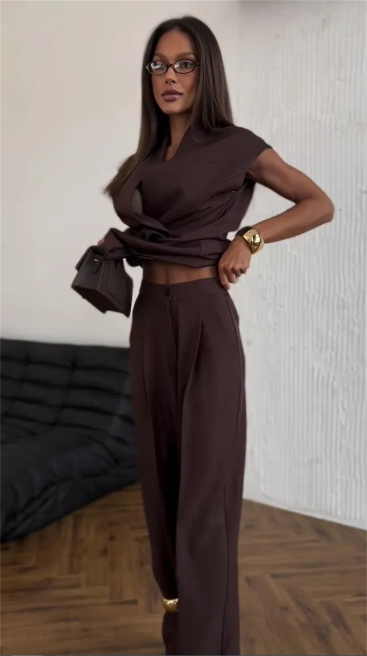 Street Slim Vest Pant Outfit Spring Women Sleeveless Double Breasted Tank Top+High Waist Zip Wide Leg Pants Summer Two Piece Set