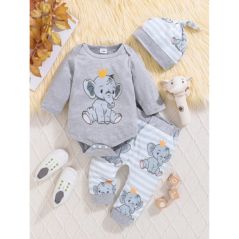 Citgeett Autumn Infant Baby Boys Girls Fall Outfits Long Sleeve Print Romper + Pants + Hat Set Spring Clothes