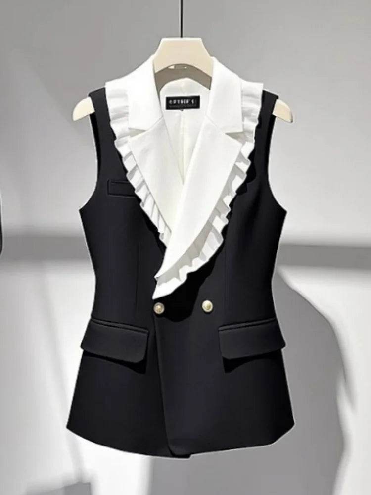 Large Size Summer White Jacket Vest Luxury Big Turndown Collar Point Collar Color Contrast Retro Waistcoat Elegant Office Ladies - AIAZ