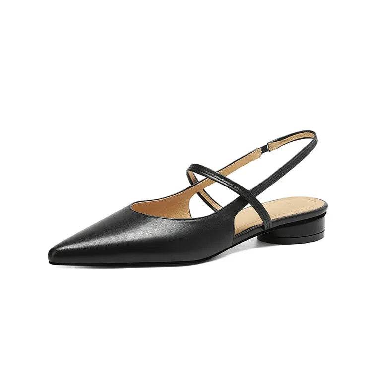 Summer Sandals Sheep Leather Women Shoes Pointed Toe Low Heel Women Pumps Genuine Leather Cover Toe Sandals for Women Handmade - AIAZ