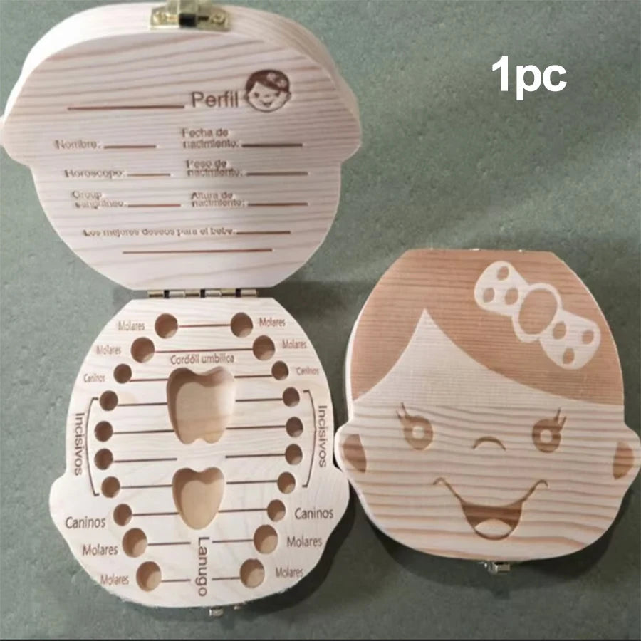 1/2pcs-Baby Tooth Box Spanish Wooden Kids Milk Teeth Organizer Storage Boys Girls Baby Souvenirs Gifts Keepsakes