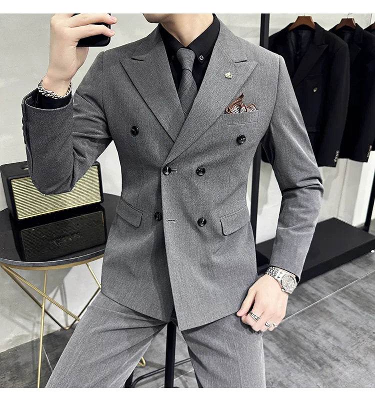 Jackets + Pants / Groom's Wedding Dress Best Fashion Mans Double -breasted Suit Blazer Trousers Male Formal Business Office Suit - AIAZ