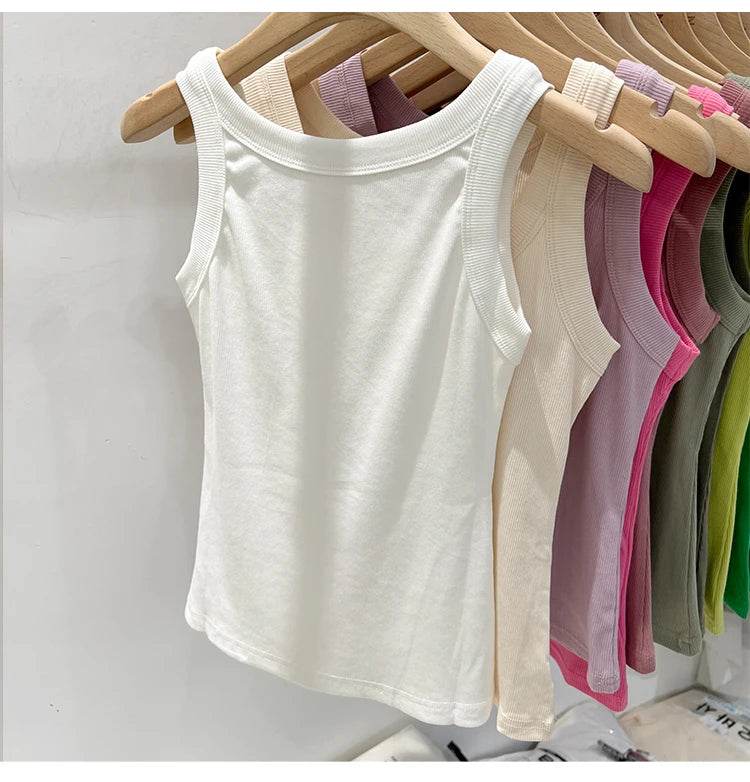 Women Solid Round Neck Ribbed Tank Top Camisole Women 2025 Summer Basic Elastic Tank Top O Neck Solid Tank Top - AIAZ