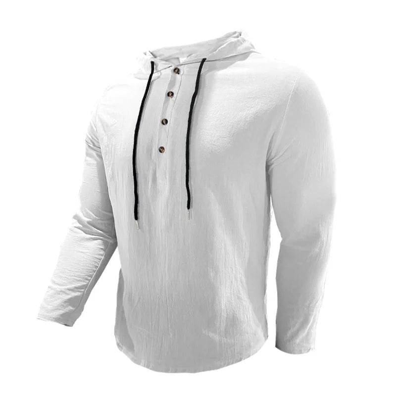 24 New cotton and linen shirts hooded loose large size casual sweater long sleeve hoodie men - AIAZ