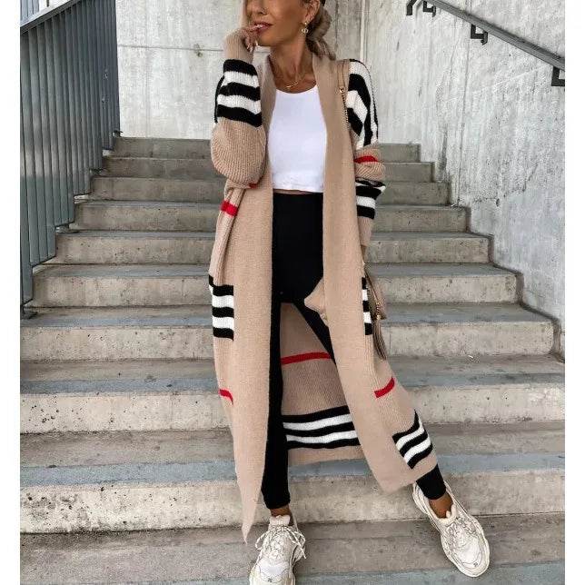 Women Sweater Spring Autumn Cardigan Coats Casual Stripes Knitted Cardigan Clothes Women Oversized Cardigan Long Sweater Coat - AIAZ