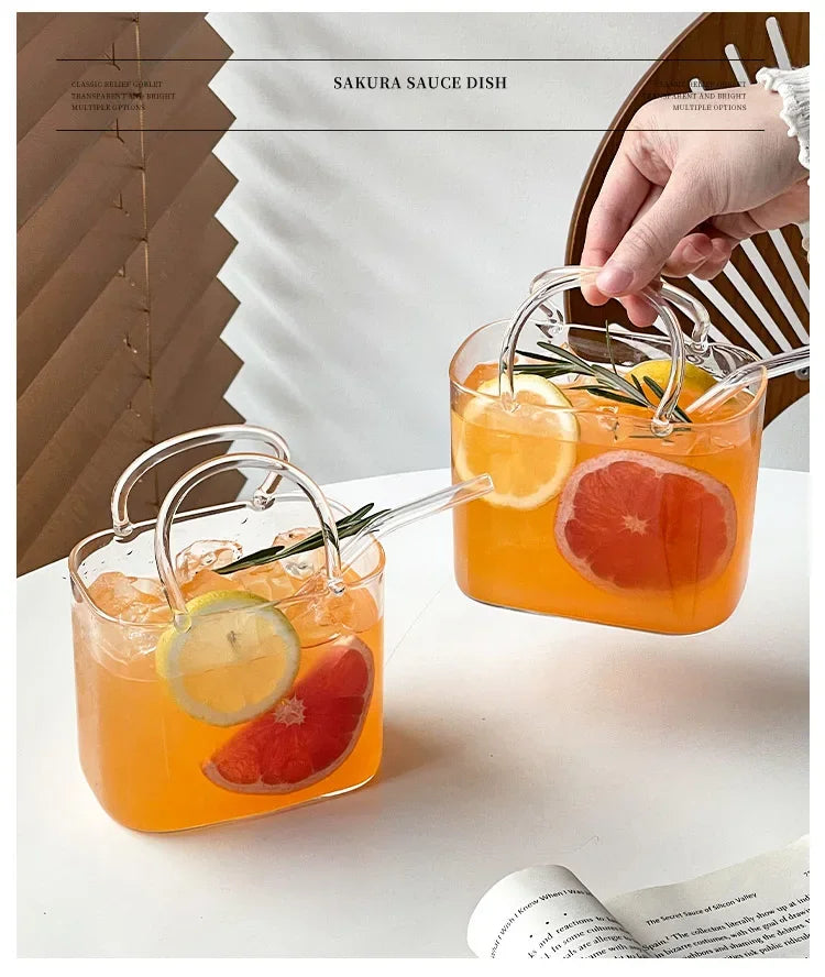 770 Ml Handbag Glass Beverage Cup Cocktail Glass Wine Cups with Straw Creative Fruit Tea Juice Mug for Home Special Drinkware