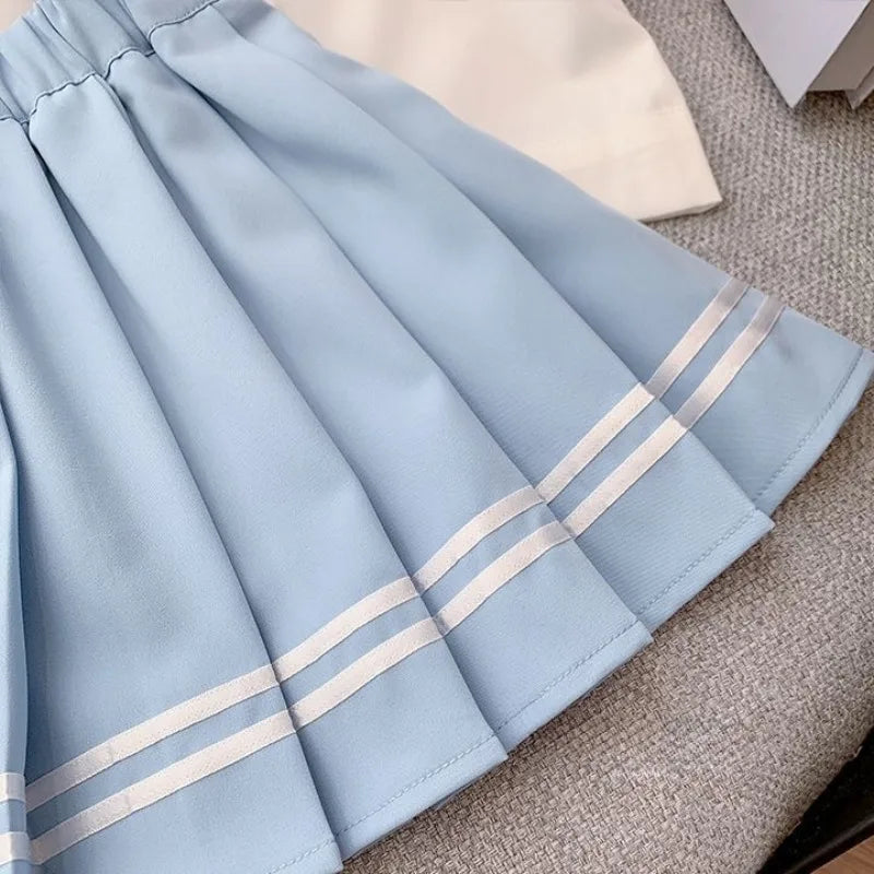 Summer Children Girls Student Uniform Set JK Mandarin Collar Tshirts and Pleated Skirts 2 Pieces Suit Kid Top Bottom Clothes