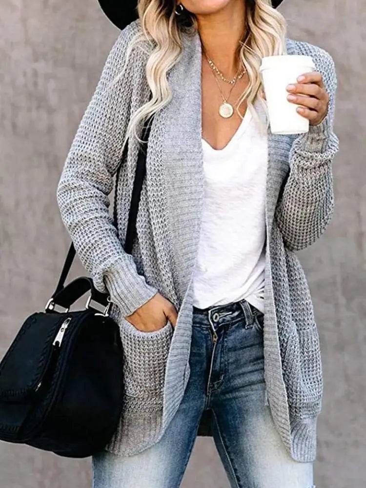 Fashion cardigan autumn and winter knit sweater women's new curved front loose casual women's wear - AIAZ