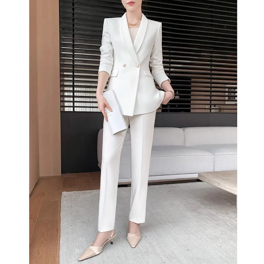 Solid White Suit Women 2025 New Spring Autumn Flares Pants High-Grade Slimming Business Clothing Sets Formal Suits Overalls