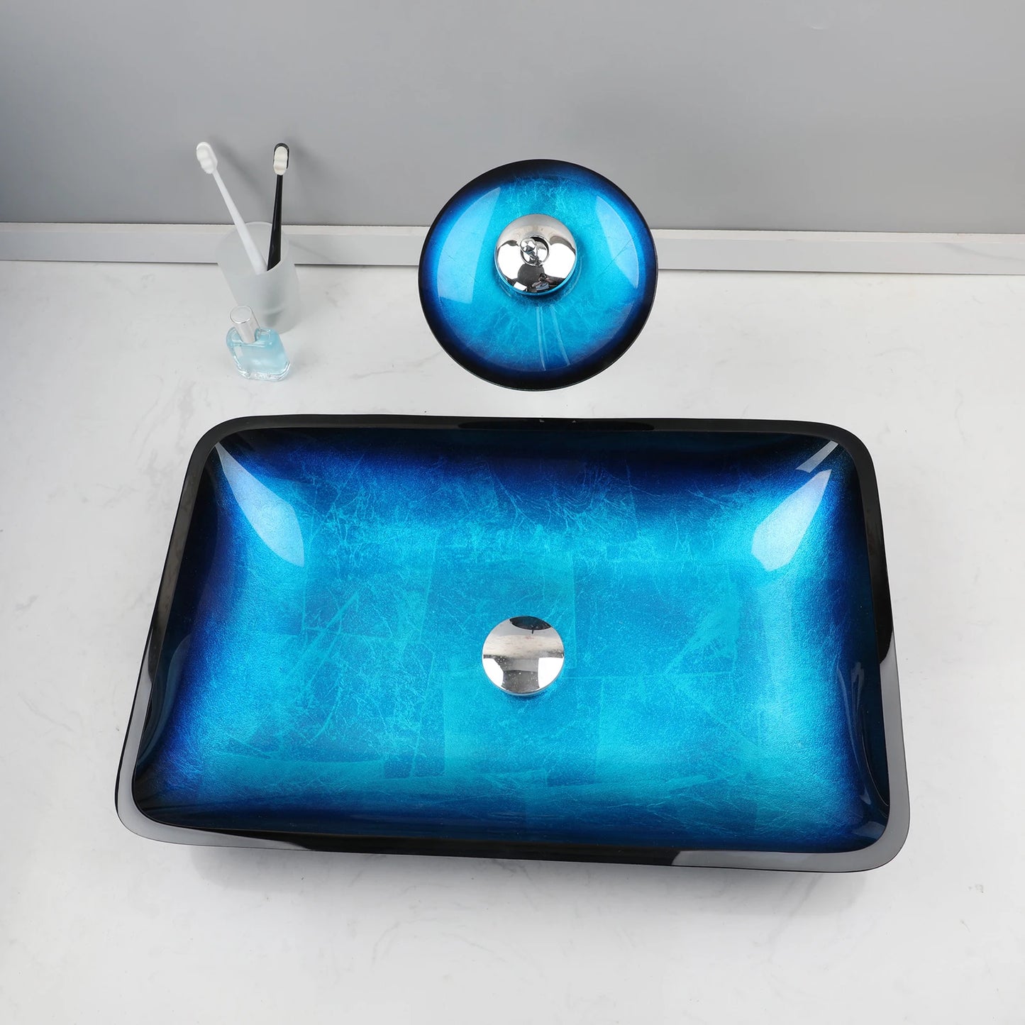 ZAPPO Tempered Glass Bathroom Vessel Sink with Waterfall Black Faucet Tap Bathroom Oval Blue Vessel Sinks Above Counter Basin