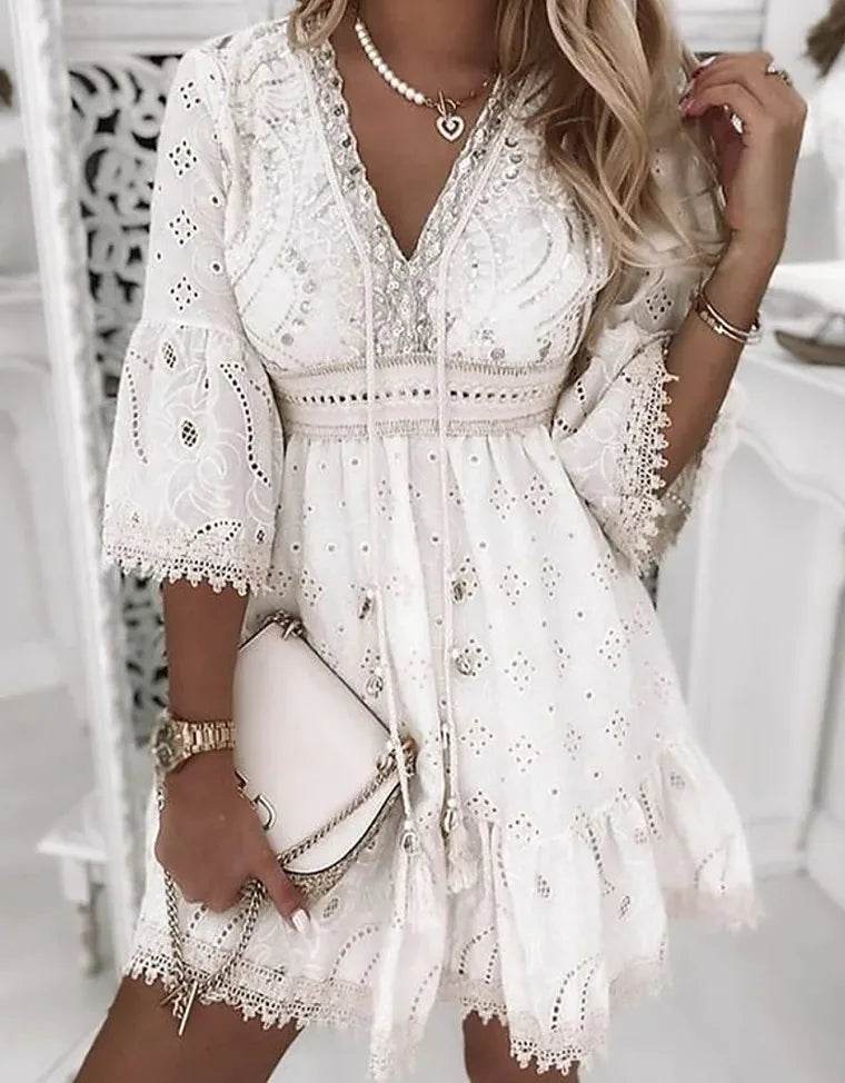 Elegant Women White Hollow Lace Mini Dress Summer V-neck Patchwork Lace Up Three Quarter Sleeve Ladies Vacation Beach Dresses - AIAZ