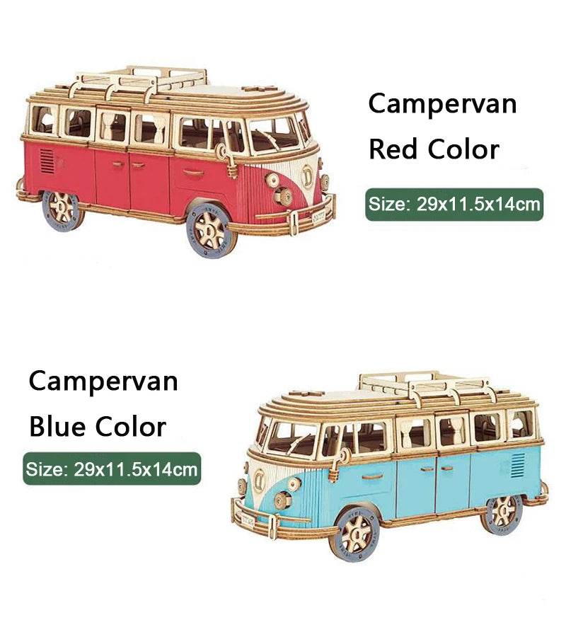 Retro Bus European-style Campervan 3D Wooden Car Puzzle DIY Sailing Ship Airplane Building House Model Jigsaw Toys For Children - AIAZ