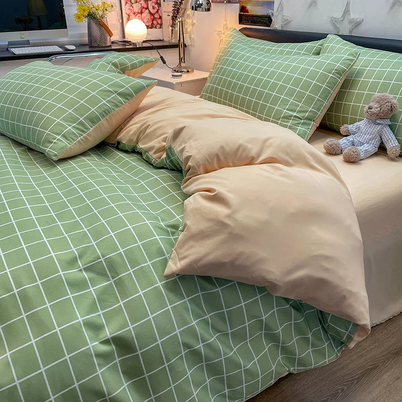 Nordic Plaid Pattern Wash Cotton Bedding Set Duvet Cover Pillowcase Bed Sheet Set Comforter Cover Bed Linens Set Queen King Size