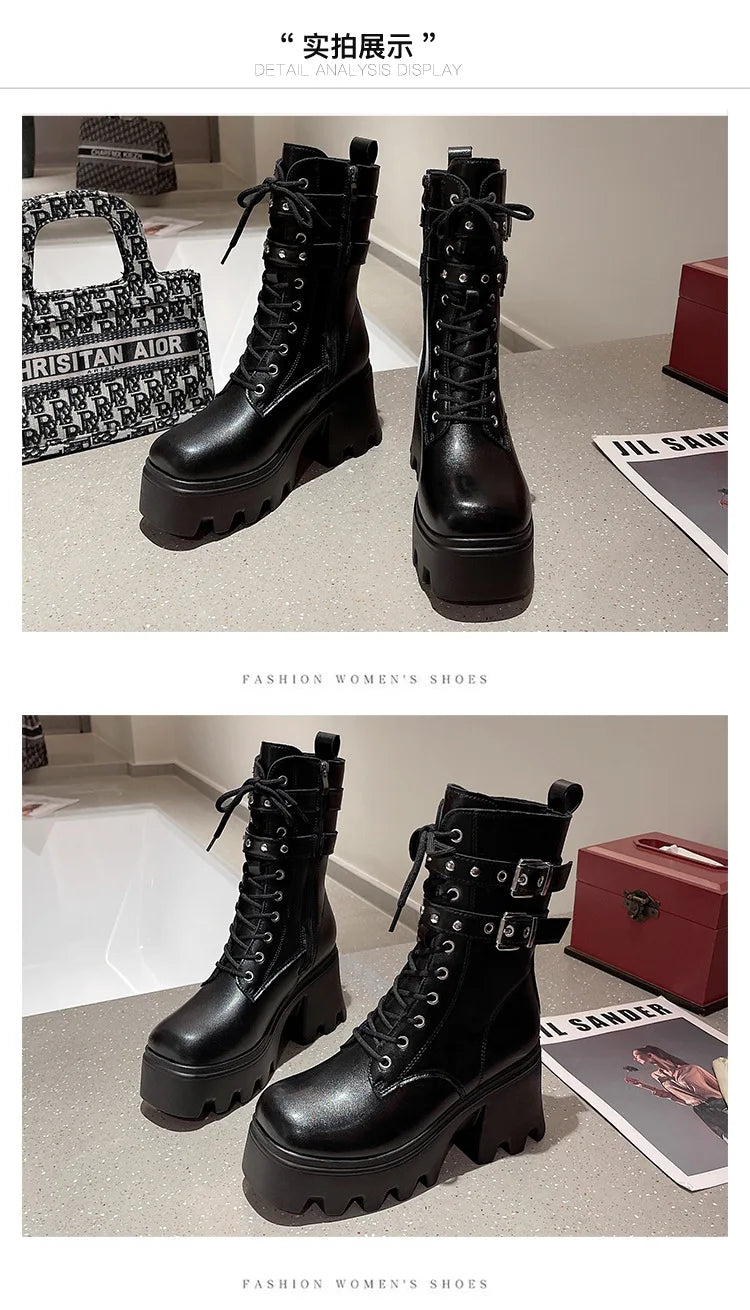 Trend Punk Women's Boots Buckle Platform Boots Mid-calf Gothic Boots for Women Autumn Ladies Motorcycle Boot Pu Leather Shoes
