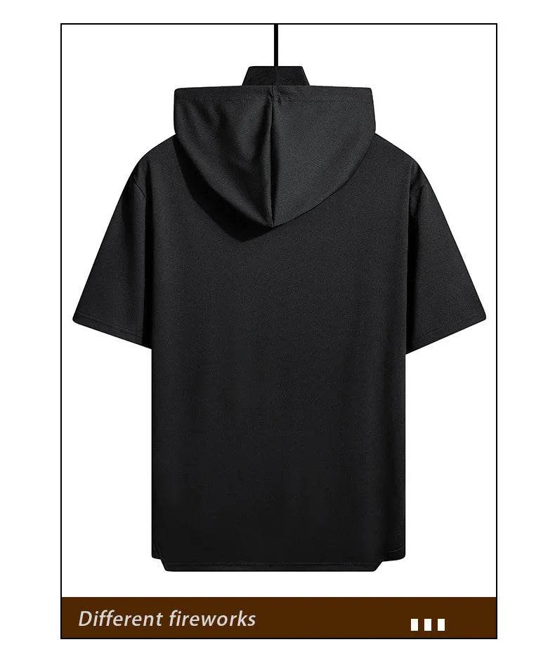 2025 Men's Summer Hoodies T-shirts Short Sleeve Solid Color Loose Hooded Drawstring Pullover Tops Basic Tees for Daily Wear Male - AIAZ