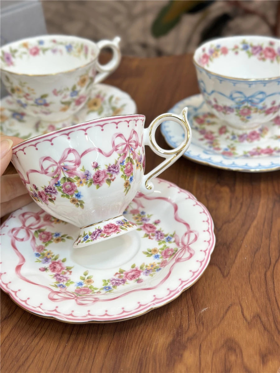 Ceramic Cup and Saucer Retro Bone China Coffee Cup French Romantic Elegant Floral Bow Afternoon Tea Drinkware Handmade Teapot
