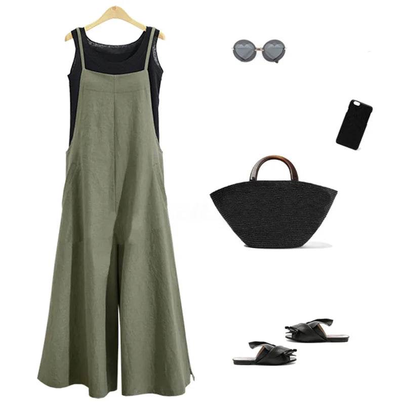 Women Straps Jumpsuit Summer Solid Color Wide Leg Pants Dungaree Bib Overalls Casual Loose Sleeveless Cotton Linen Jumpsuits 5Xl - AIAZ