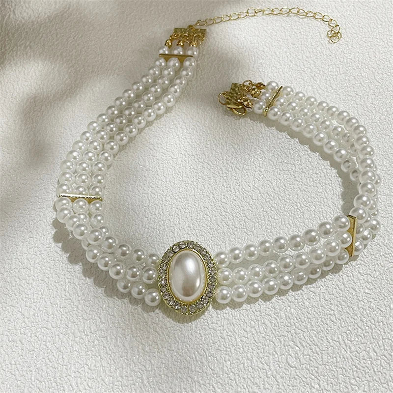 Luxury Vintage Three-layer Imitation Pearl Collar Choker Trendy Fashion Women Choker Necklace Wedding Party Jewelry Accessories