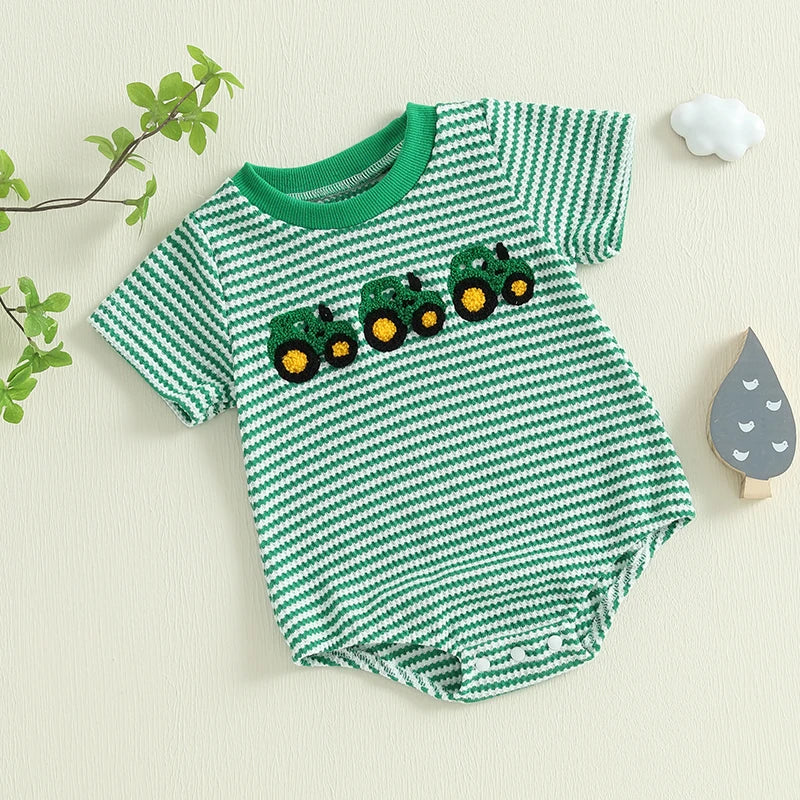 2024-12-04 Lioraitiin Summer Baby Girls Boys Rompers Waffle Truck Embroidery Stripe Short Sleeve Jumpsuits