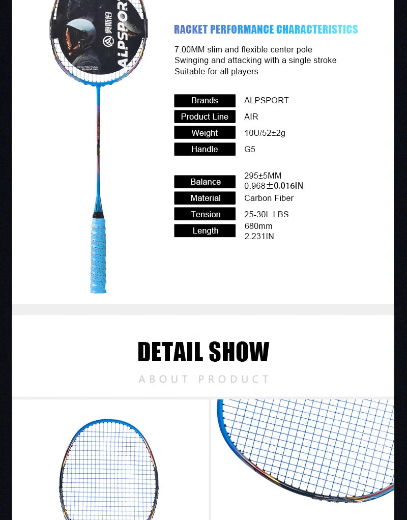 ALPSPORT AIR 10U  Ultralight 52g T800 Badminton Racket Fast Rebound  Lmported MAX 28LBS Carbon fiber + Titanium Badminton Racket