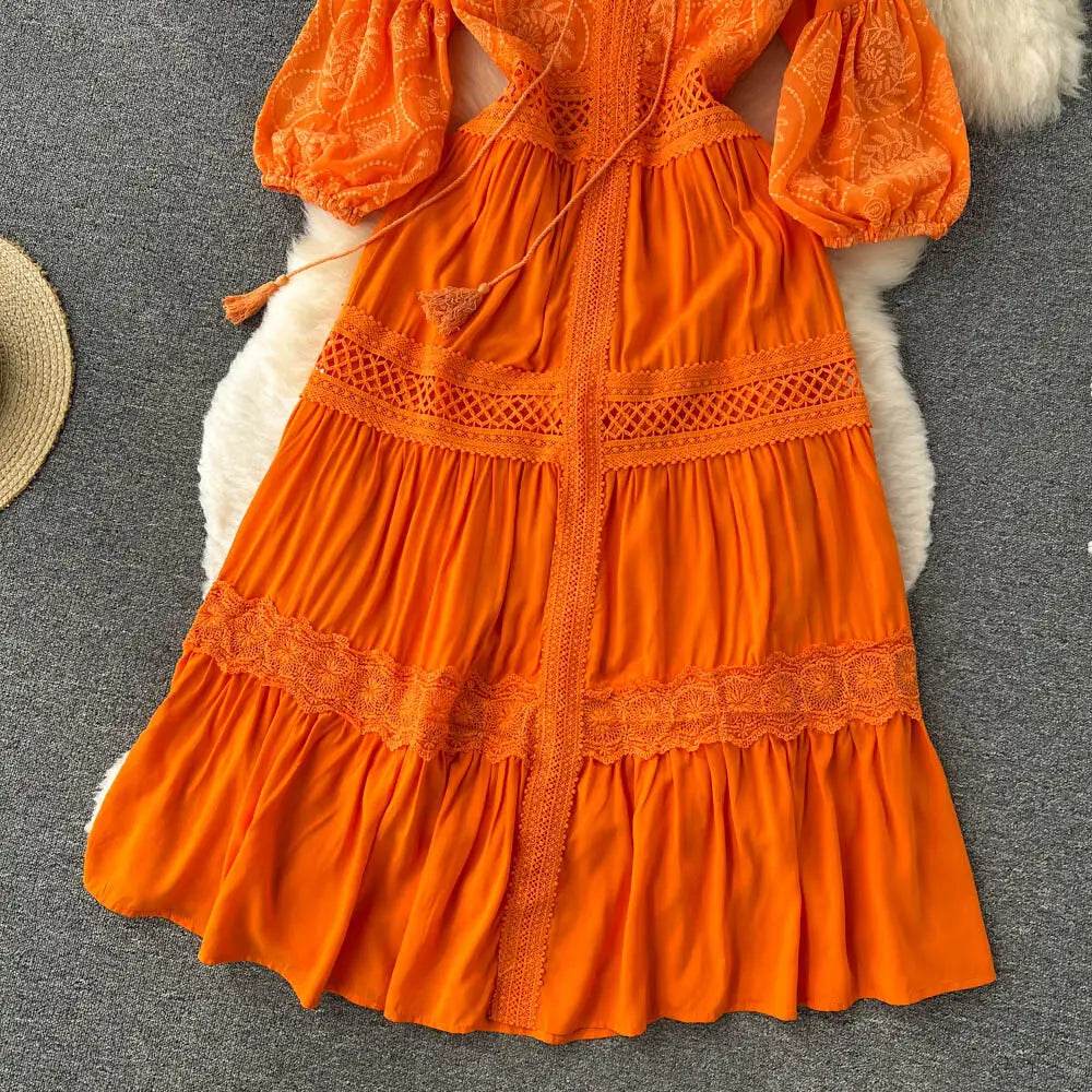 New Women Lantern Sleeved Elegant Dress Summer French Hollowed Out Mid Length Dresses Korean Style Vintage Long Dress - AIAZ