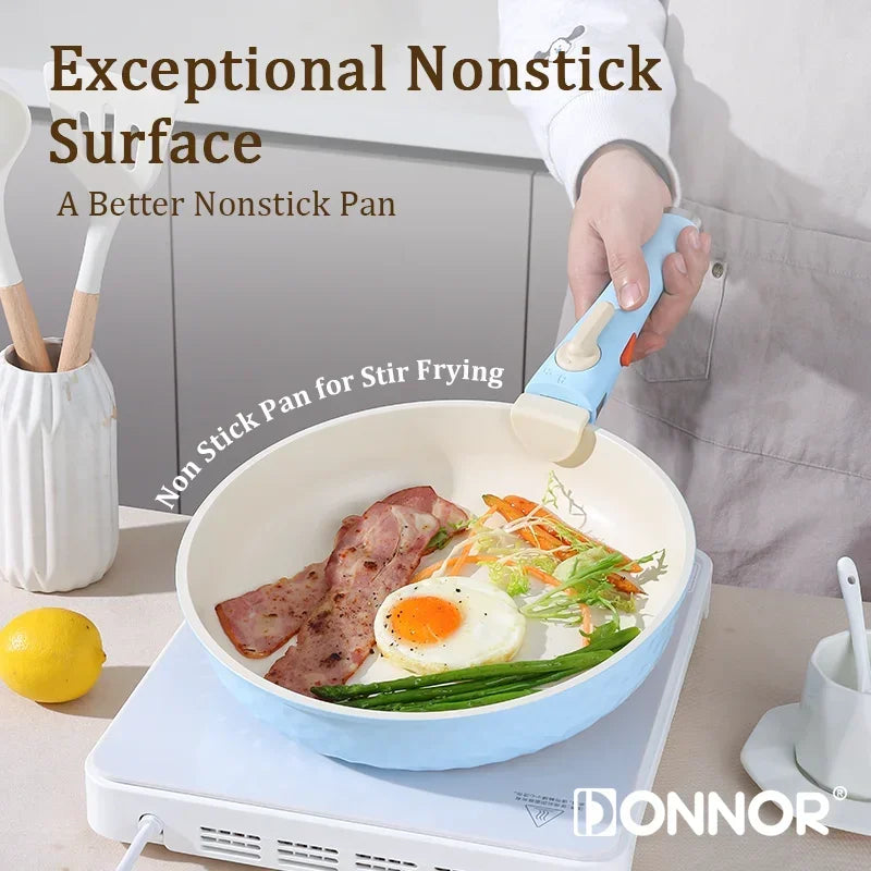 DONNOR 5Pcs Ceramic Coating Cookware Set Detachable Handle Frying Pan Milk Pot Chef Pot Induction Cooker Gas stove Universal