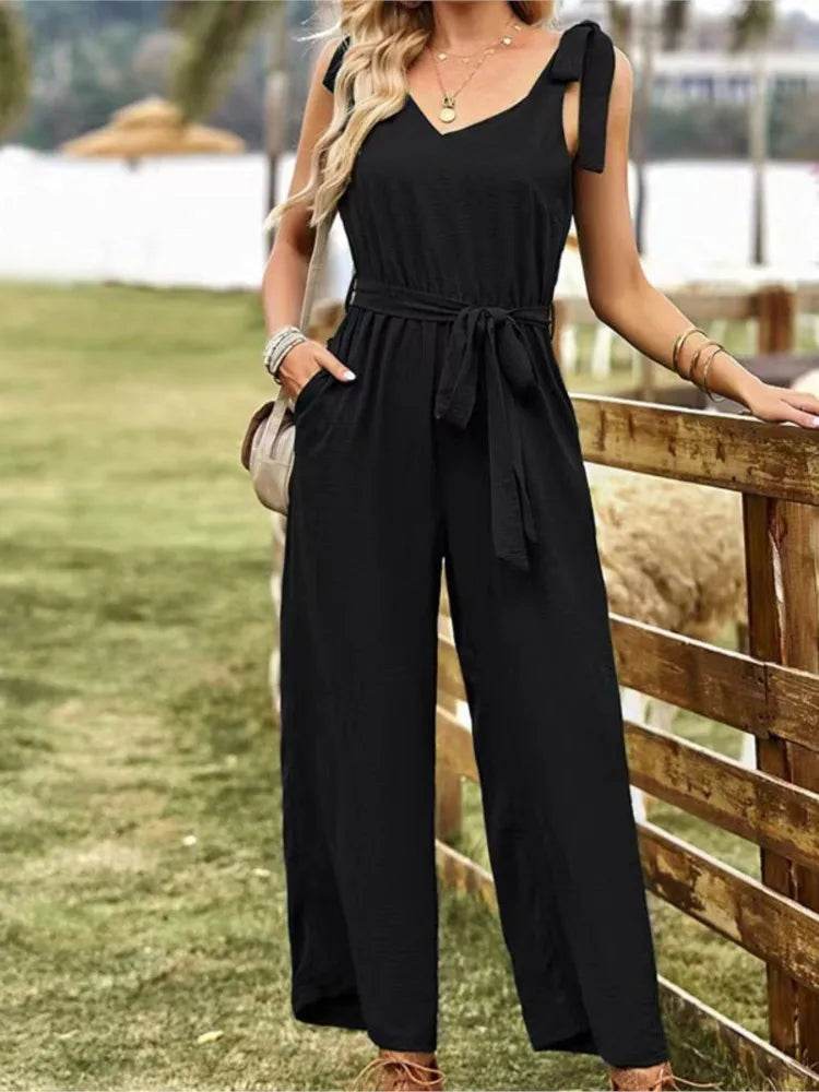 2024 Summer Women's New Commuter Style Solid Color Sexy Back V-neck Bareback Sleeveless Strap Waist Nine Part Pants Jumpsuit - AIAZ