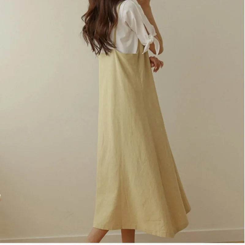 Dresses for Women 2025 Loose Elegant Dress Woman Sexy Sleeveless Spaghetti Strap Pockets Cotton Off The Shoulder Dress KE1409 - AIAZ