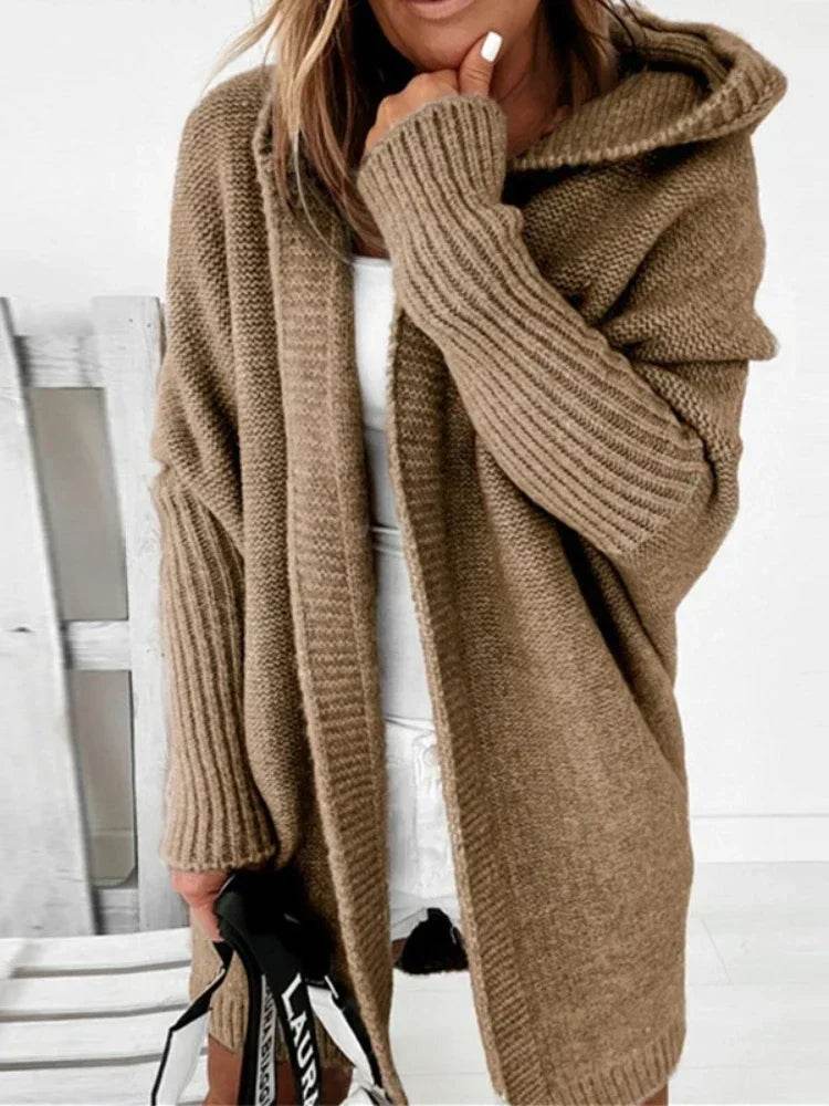 Women's Long Hooded Knitted Cardigan Sweater Warm Winter Overcoat Loose Fit Ladies Jumper Coat Knitwear Comfortable Knit - AIAZ