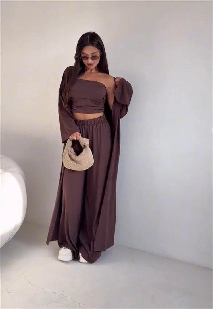 Pants Sets Women Solid Color Loose Long Cardigan Coat Tube Top High Waist Wide Leg Trousers Three Piece Set Casual Lady Suits - AIAZ
